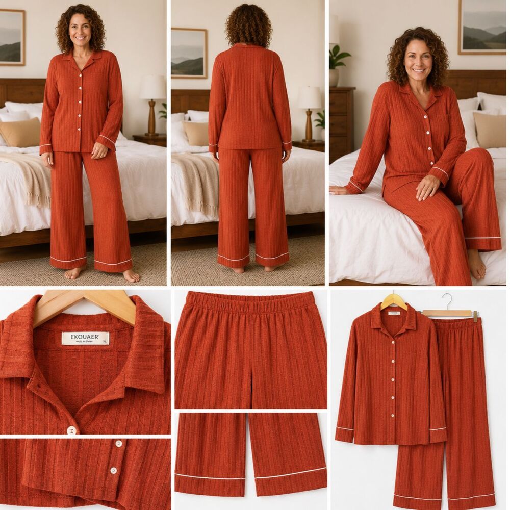 Ekouaer Women's XL Ribbed Knit Pajama Set Rust Orange